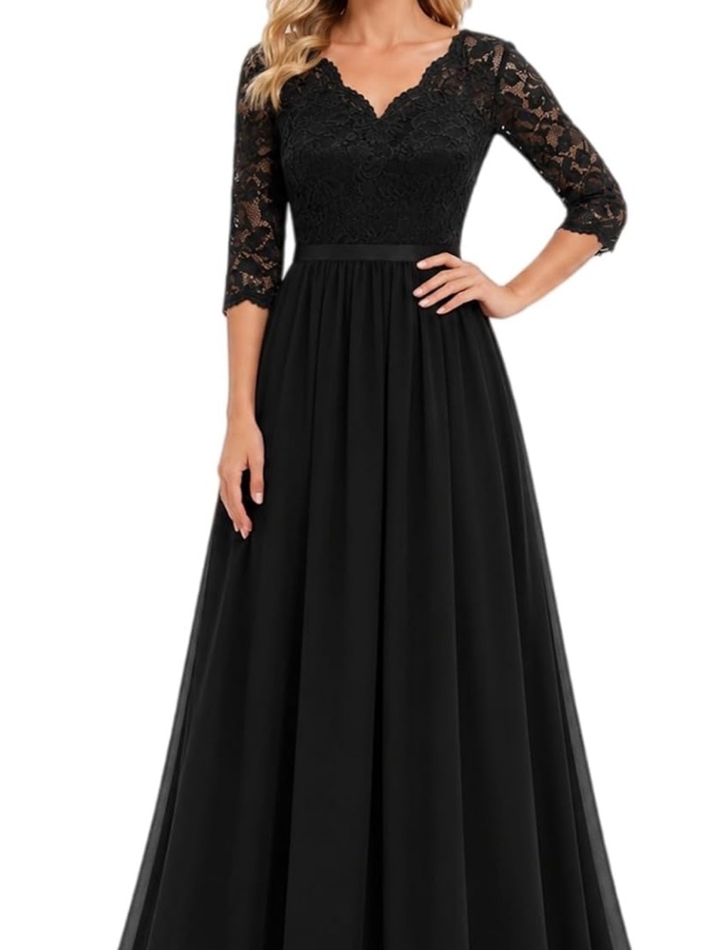 Classic Black Lace V-Neck Long Sleeve Evening Dress